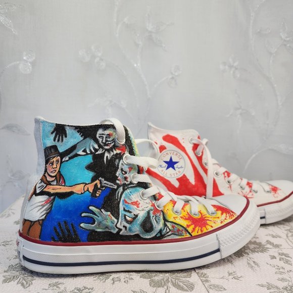 Custom Painted Zombie Hunter/Splatter Hi-Top Converse All-Stars Unisex W9/M7 - Picture 3 of 12